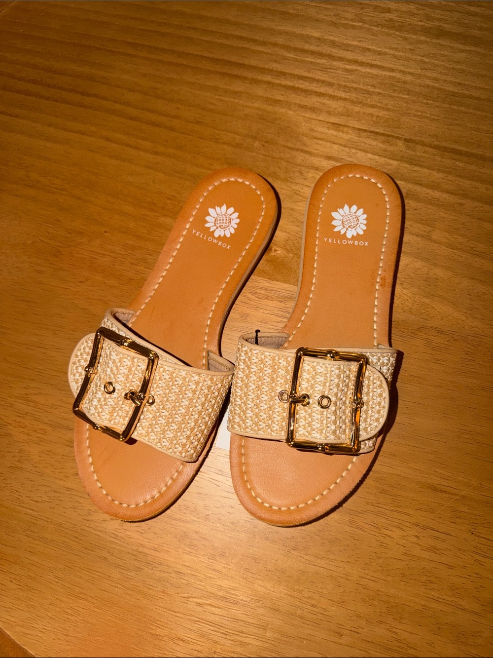 NWT Yellow Box Beige Woven Buckle Slide Sandals